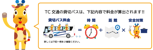 TC交通の貸切バスは、下記内容で料金が算出されます !!時間×距離×安全対策=料金